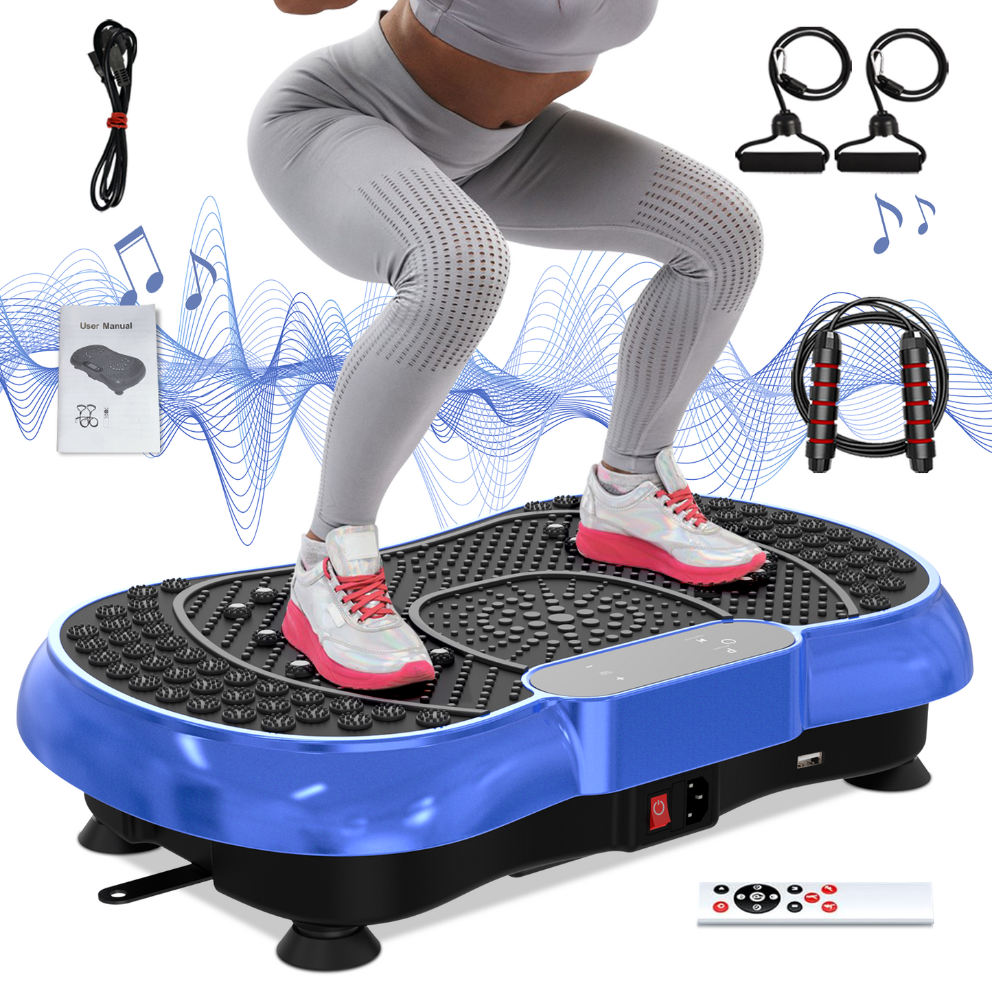 Vibration Plate Exercise Machine, Whole Body Workout Vibration Platform w/ 2 Resistance Bands Skipping Rope Bluetooth Speaker, Black