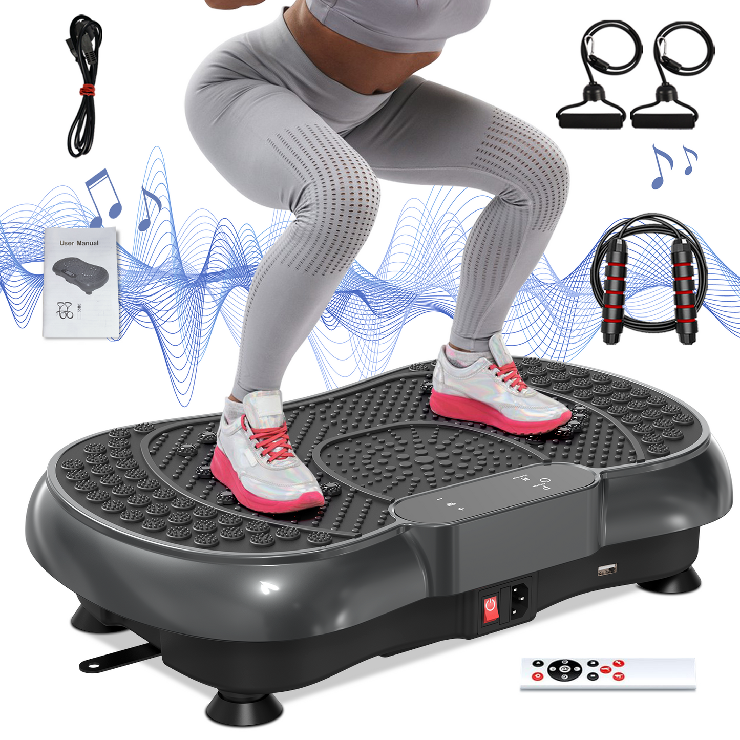 Vibration Plate Exercise Machine, Whole Body Workout Vibration Platform w/ 2 Resistance Bands Skipping Rope Bluetooth Speaker, Black
