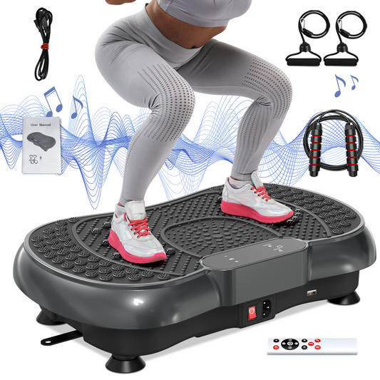 Vibration Plate Exercise Machine, Whole Body Workout Vibration Platform w/ 2 Resistance Bands Skipping Rope Bluetooth Speaker, Black