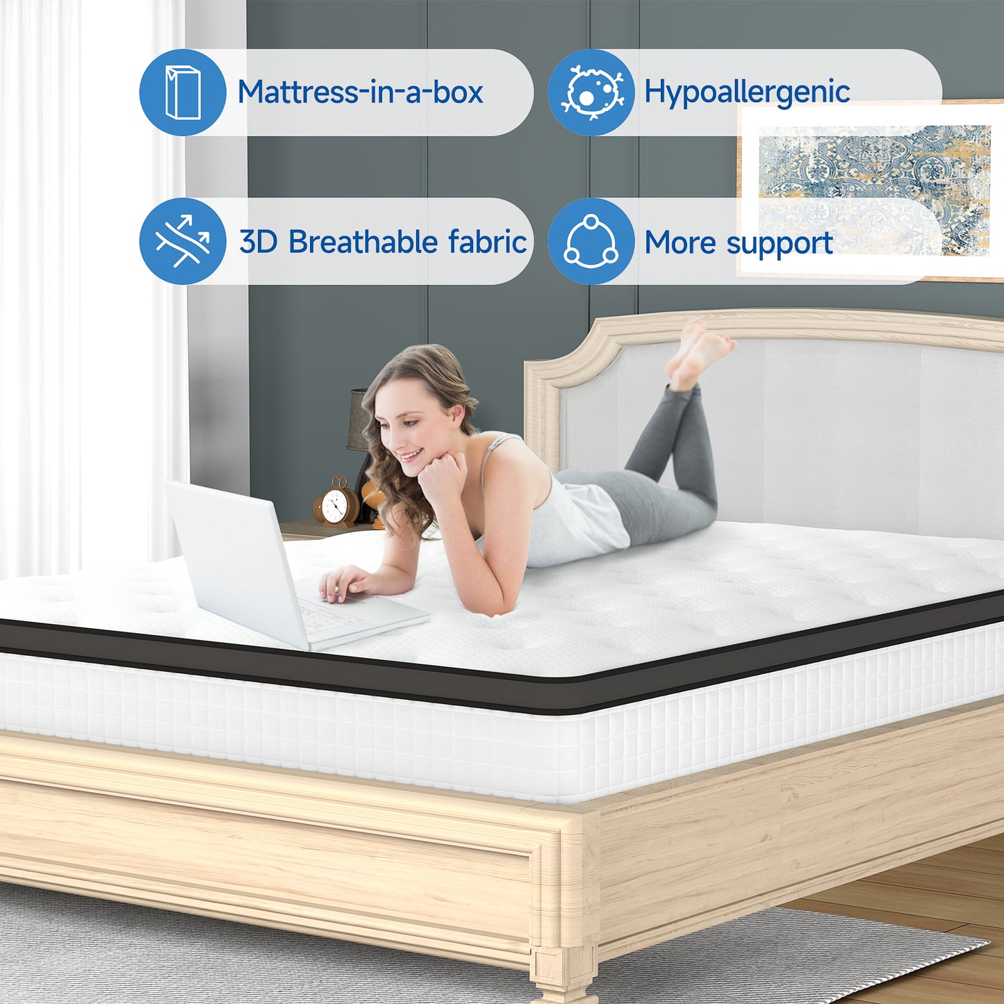 Doubleslee Queen Size Memory Foam Mattress, 12" Boxed Memory Foam Hybrid Spring with Motion Isolation and Pressure Relief - Black and White