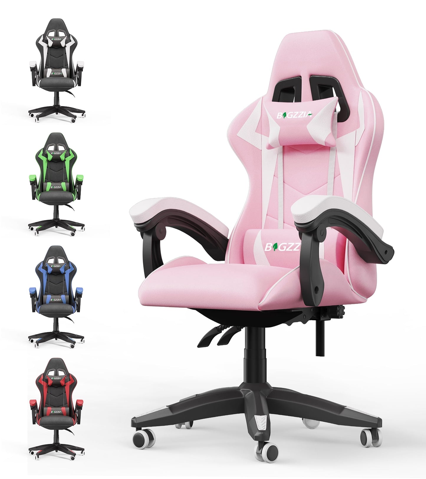 High Back Gaming Chair PU Leather Adjustable Headrest & Lumbar Support, Black & Pink