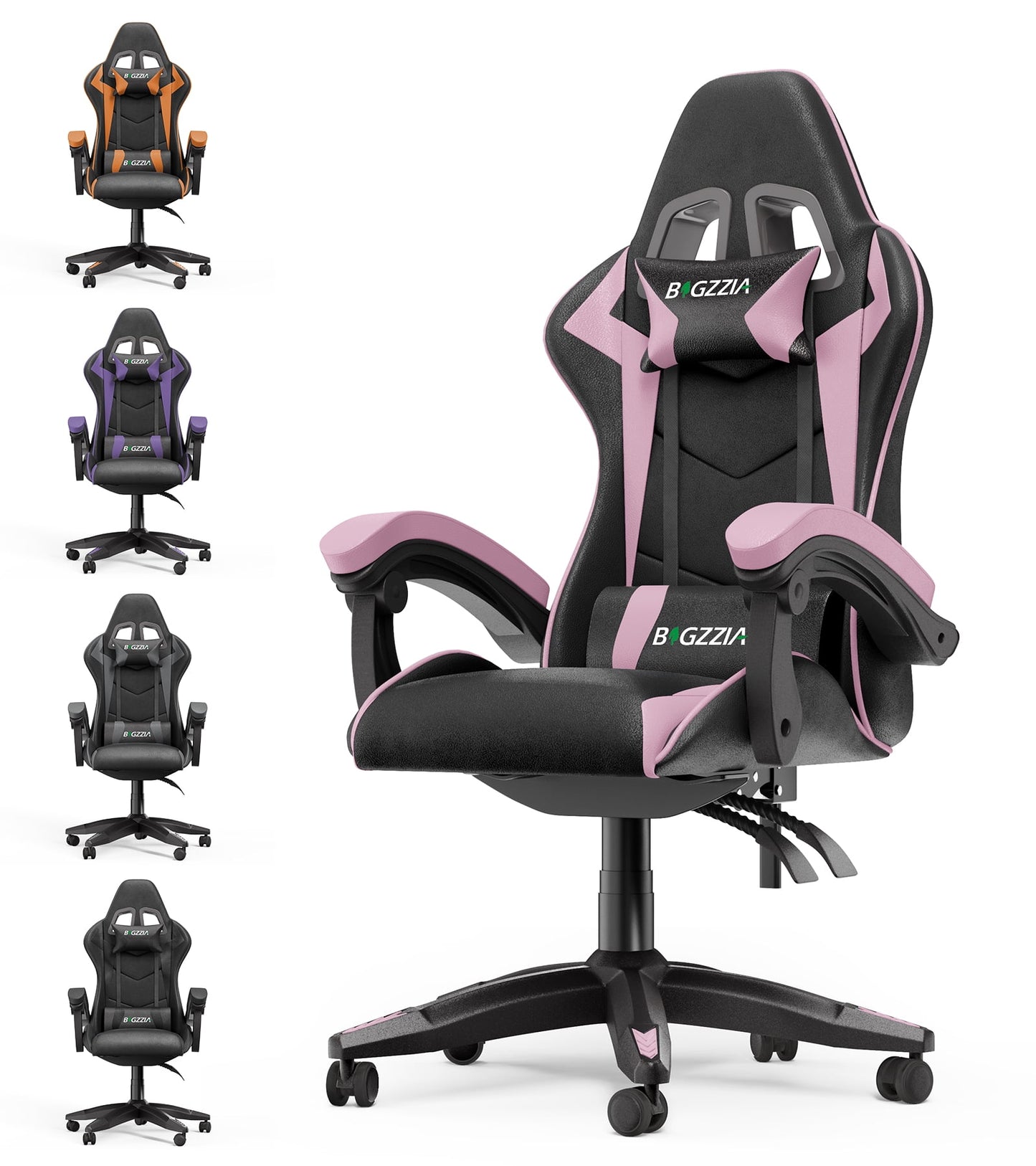 High Back Gaming Chair PU Leather Adjustable Headrest & Lumbar Support, Black & Pink