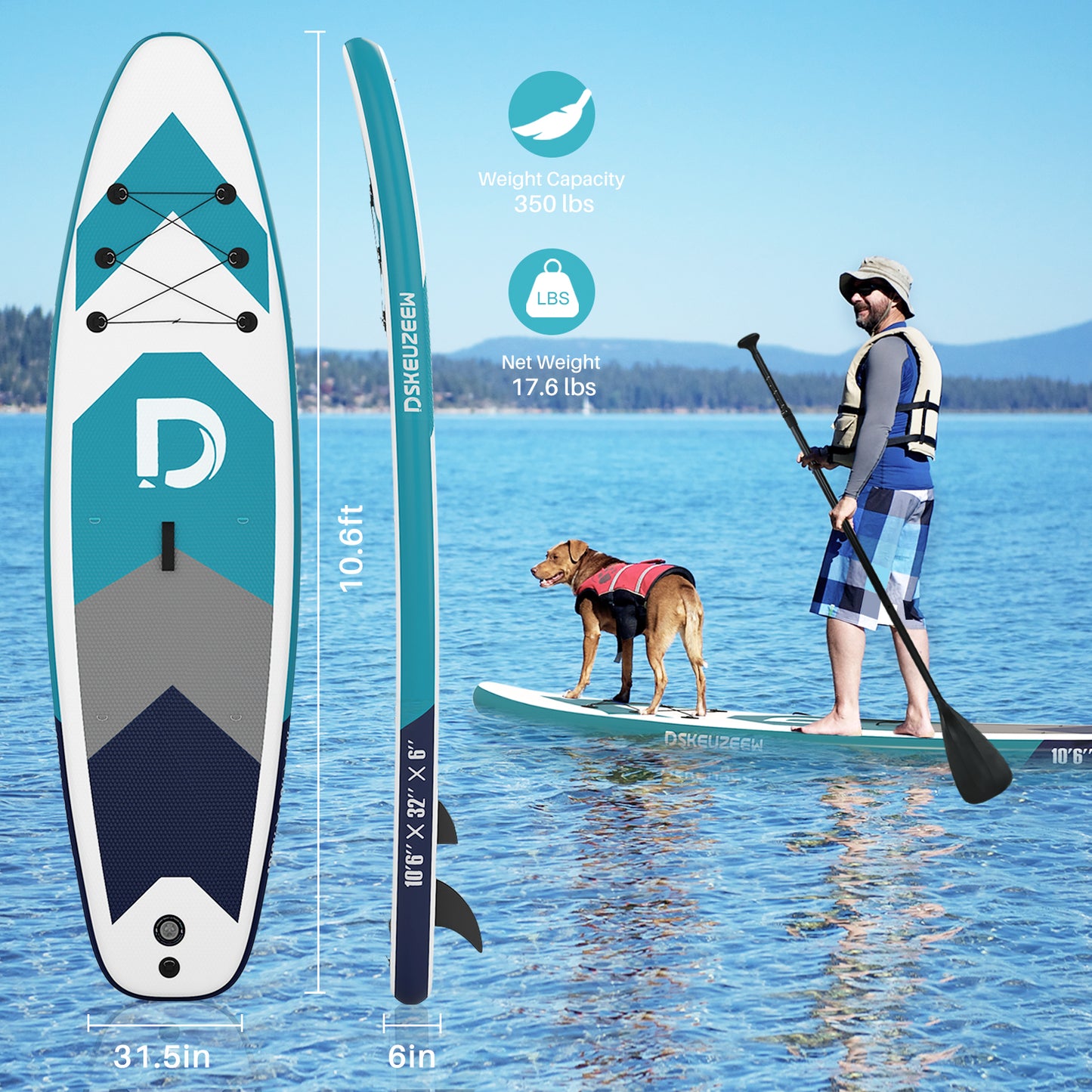 Inflatable Stand Up Paddle Board, 10.6'x32 x6 Extra Wide Ultra-Light (17lbs) SUP Paddleboard with Backpack, Floating Paddle, Dual Action Pump, Fins, Standing Paddle Boards for Youth Adults