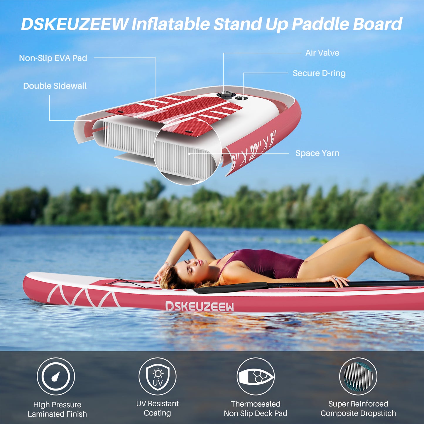 Inflatable Stand Up Paddle Board, 10.6'x32 x6 Extra Wide Ultra-Light (17lbs) SUP Paddleboard with Backpack, Floating Paddle, Dual Action Pump, Fins, Standing Paddle Boards for Youth Adults