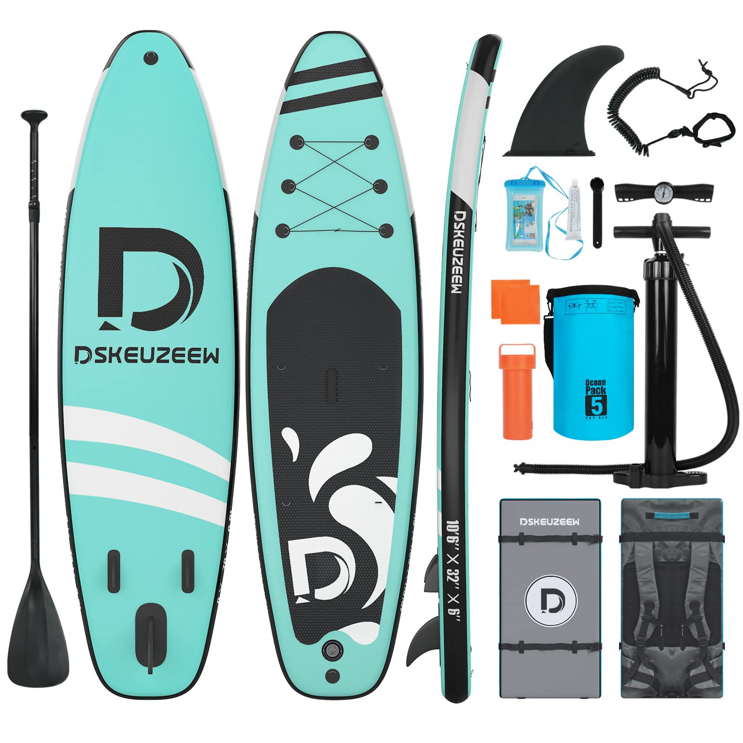 Inflatable Stand Up Paddle Board, 10.6'x32 x6 Extra Wide Ultra-Light (17lbs) SUP Paddleboard with Backpack, Floating Paddle, Dual Action Pump, Fins, Standing Paddle Boards for Youth Adults
