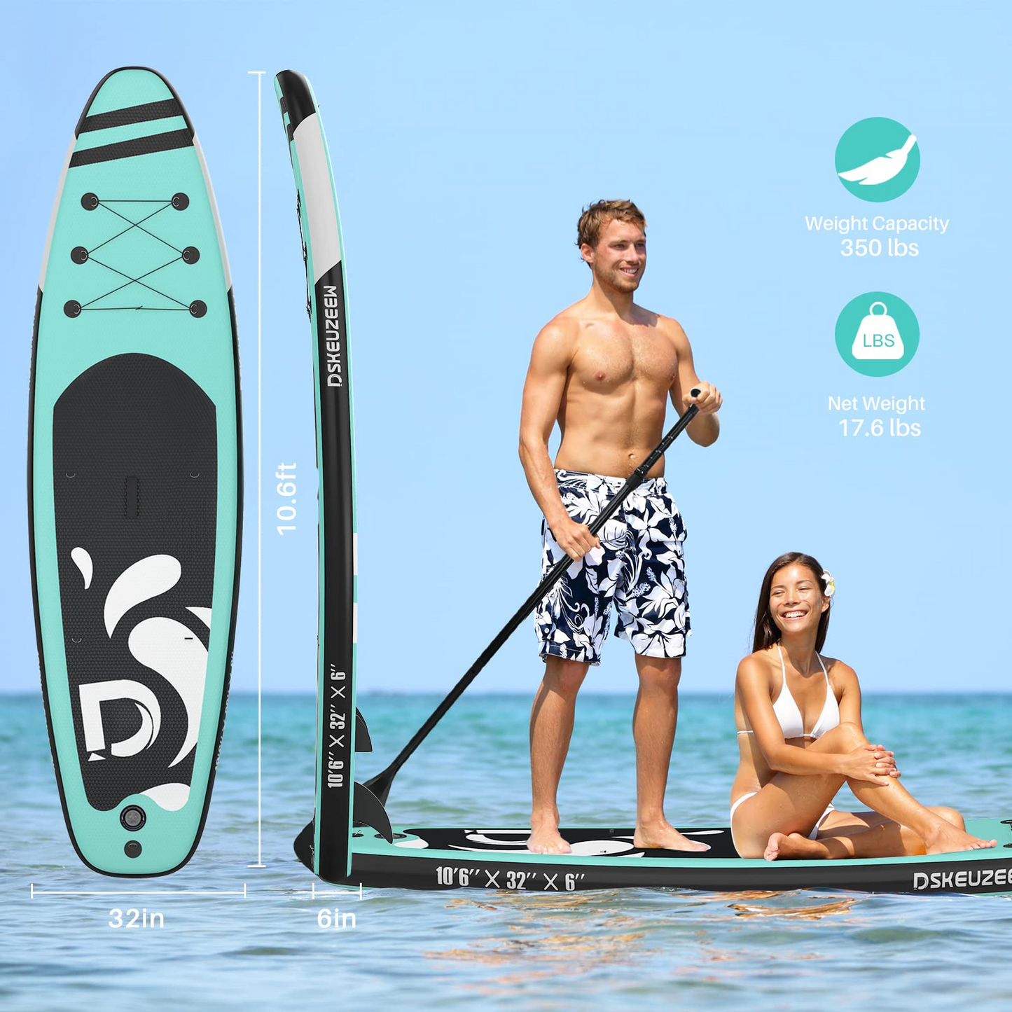 Inflatable Stand Up Paddle Board, 10.6'x32 x6 Extra Wide Ultra-Light (17lbs) SUP Paddleboard with Backpack, Floating Paddle, Dual Action Pump, Fins, Standing Paddle Boards for Youth Adults