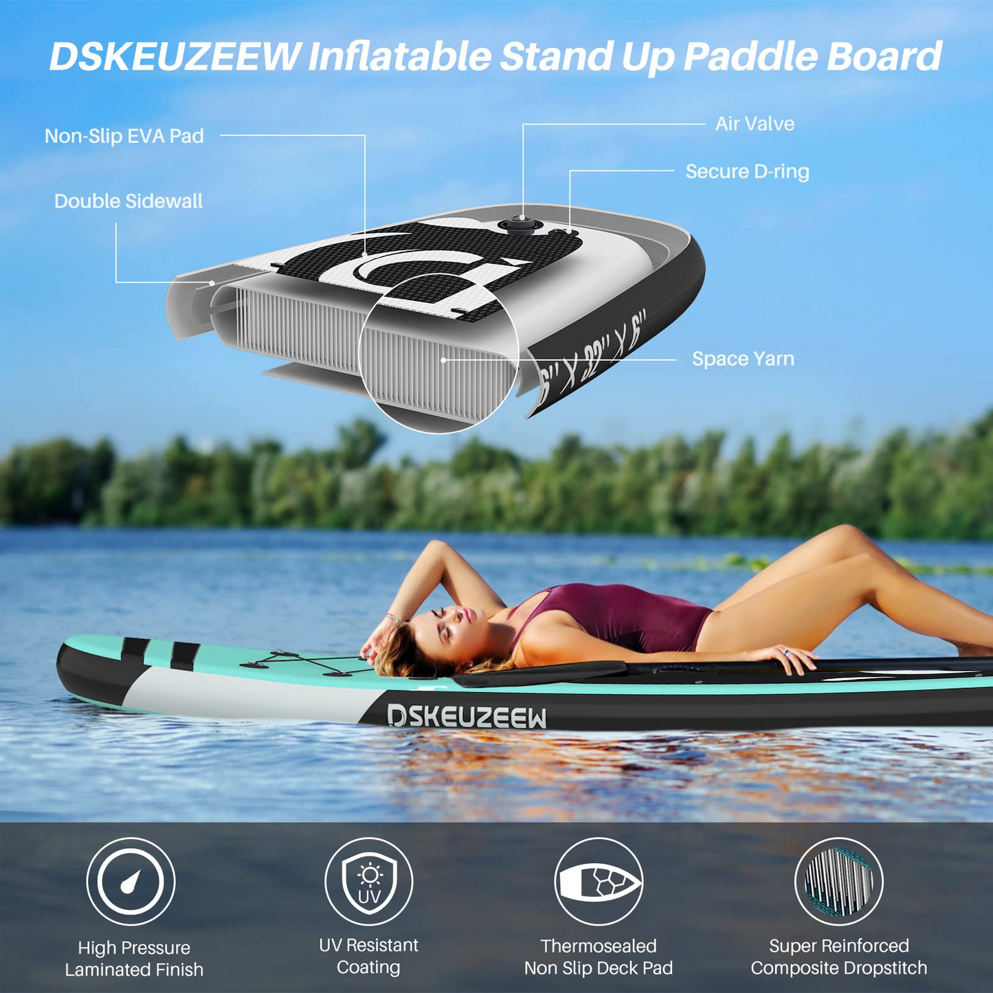 Inflatable Stand Up Paddle Board, 10.6'x32 x6 Extra Wide Ultra-Light (17lbs) SUP Paddleboard with Backpack, Floating Paddle, Dual Action Pump, Fins, Standing Paddle Boards for Youth Adults