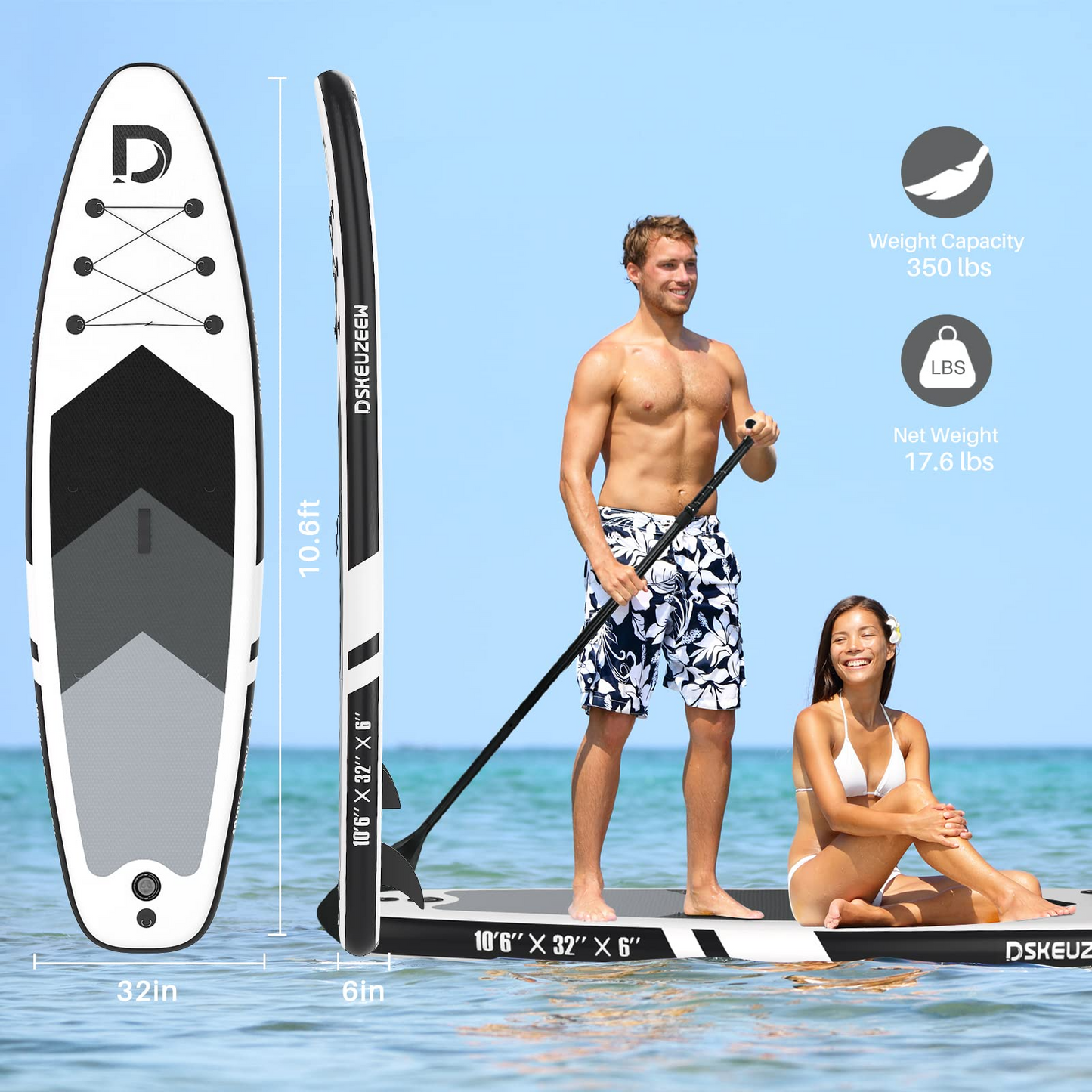 Inflatable Stand Up Paddle Board, 10.6'x32 x6 Extra Wide Ultra-Light (17lbs) SUP Paddleboard with Backpack, Floating Paddle, Dual Action Pump, Fins, Standing Paddle Boards for Youth Adults