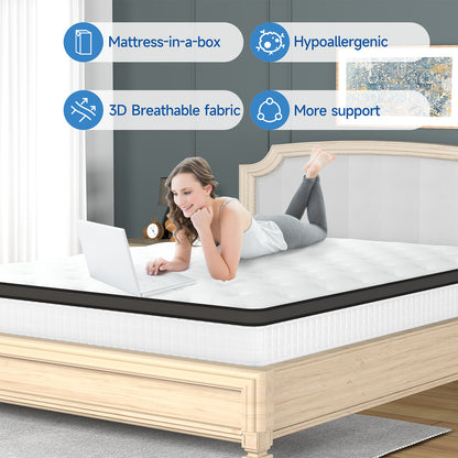 Doubleslee Queen Size Memory Foam Mattress, 12" Boxed Memory Foam Hybrid Spring with Motion Isolation and Pressure Relief - Black and White