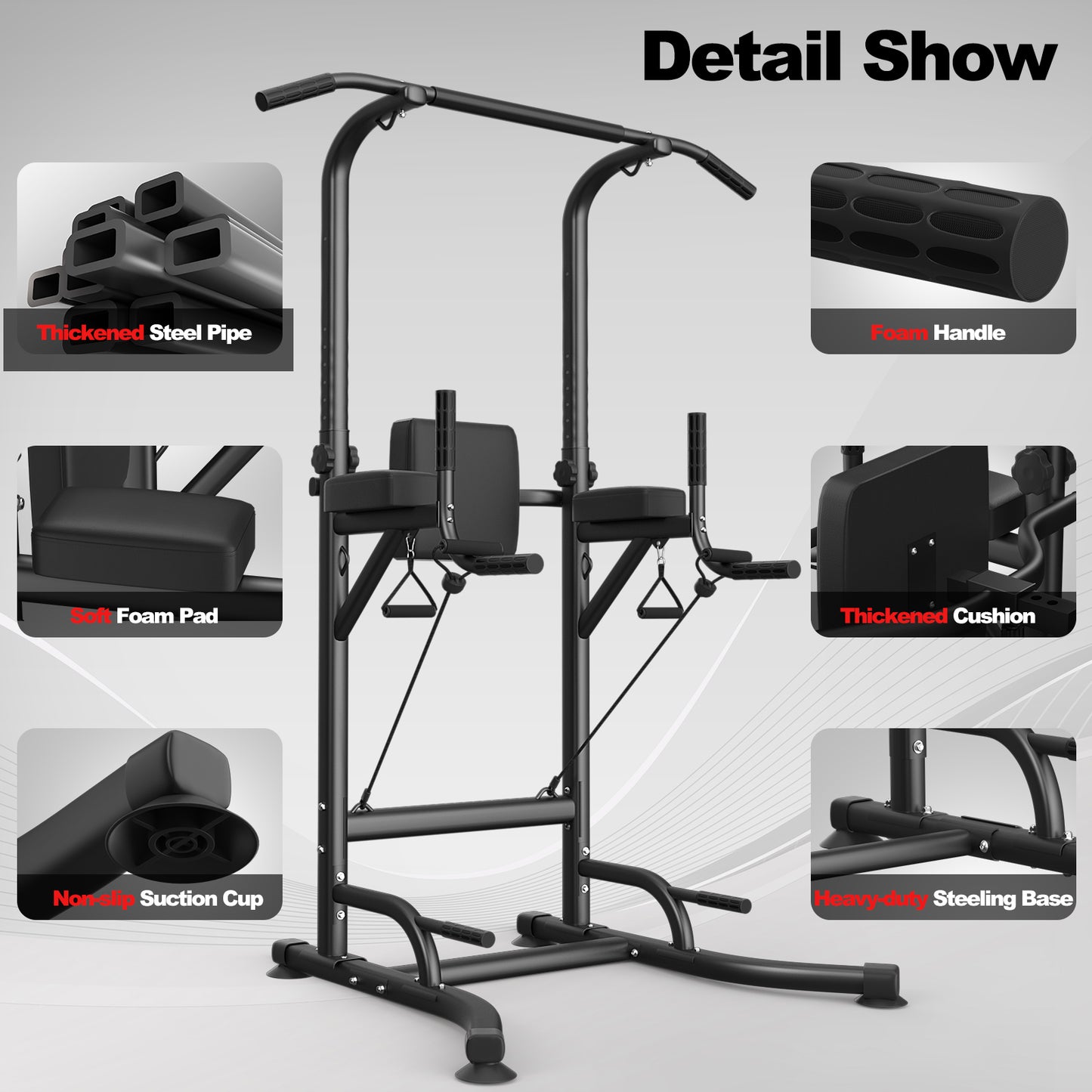 Dskeuzeew Power Tower Dip Station Pull Up Bar, Adjustable Height Multi-Function Power Tower, Push Up Workout Abdominal Exercise for Home Gym Strength Training Fitness Workout Equipment