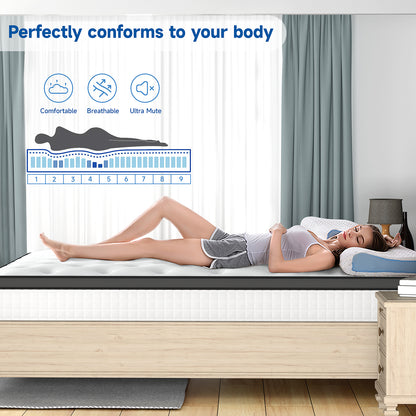 Doubleslee Queen Size Memory Foam Mattress, 12" Boxed Memory Foam Hybrid Spring with Motion Isolation and Pressure Relief - Black and White