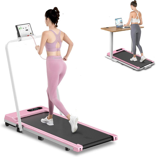 Foldable Walking Pad,2 in 1 Under Desk Treadmill with Remote Control and LED Display,320lb Capacity,Compact & Small Treadmill for Home & Office,Pink