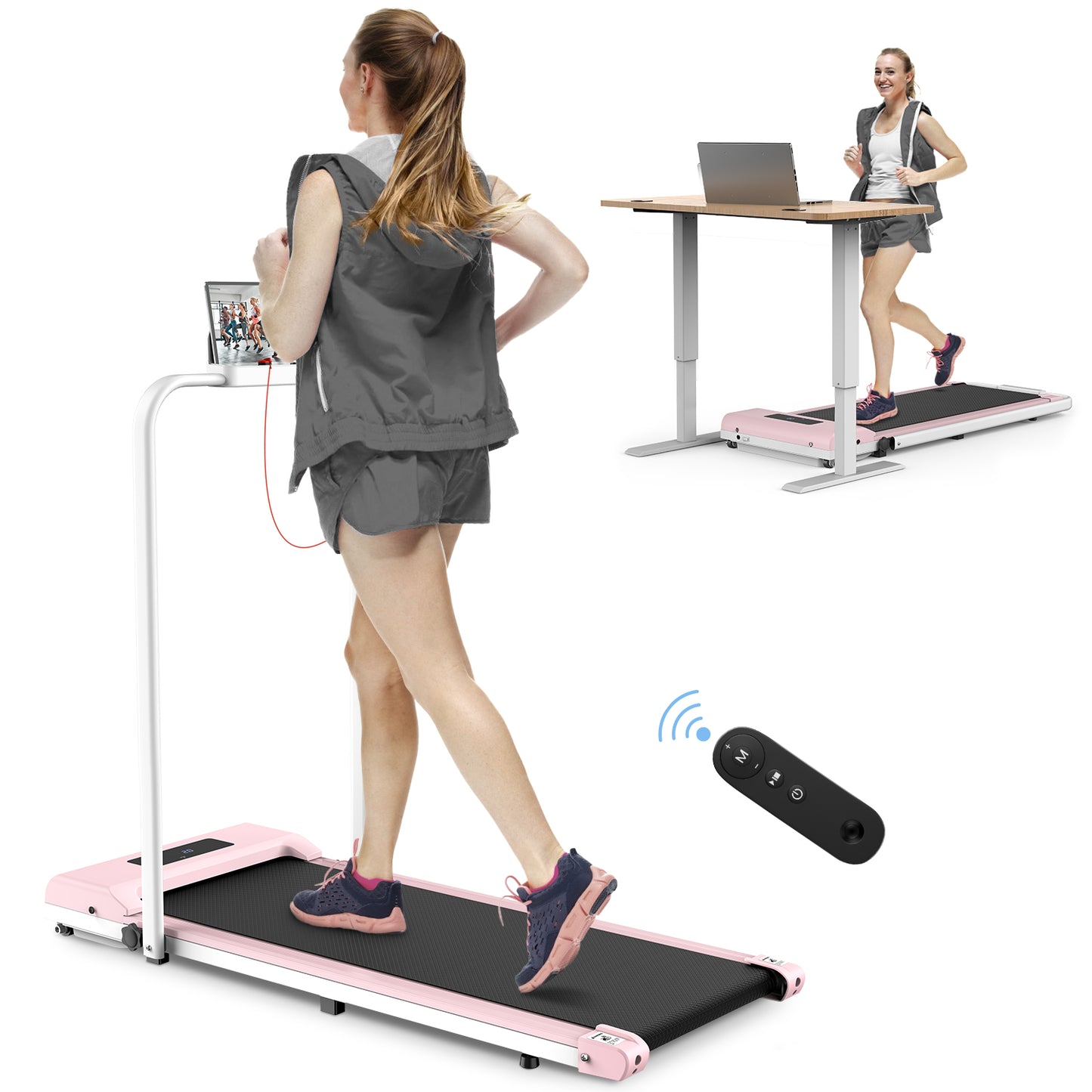 2 in 1 Folding Treadmill, Under Desk Treadmill with Phone/Tablet Holder, Powerful and Quiet Walking Jogging Running Treadmill with Remote Control for Home Office