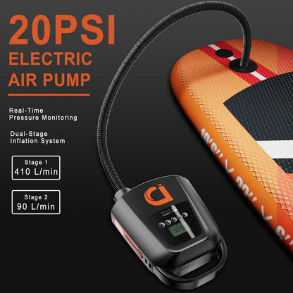 Dskeuzeew 20PSI Electric SUP Air Pump with 9000mAh Rechargeable Battery, Paddle Board Pump Intelligent Dual Stage Inflation, Auto-Off, Deflation, High Pressure Portable Air Pump for Inflatables