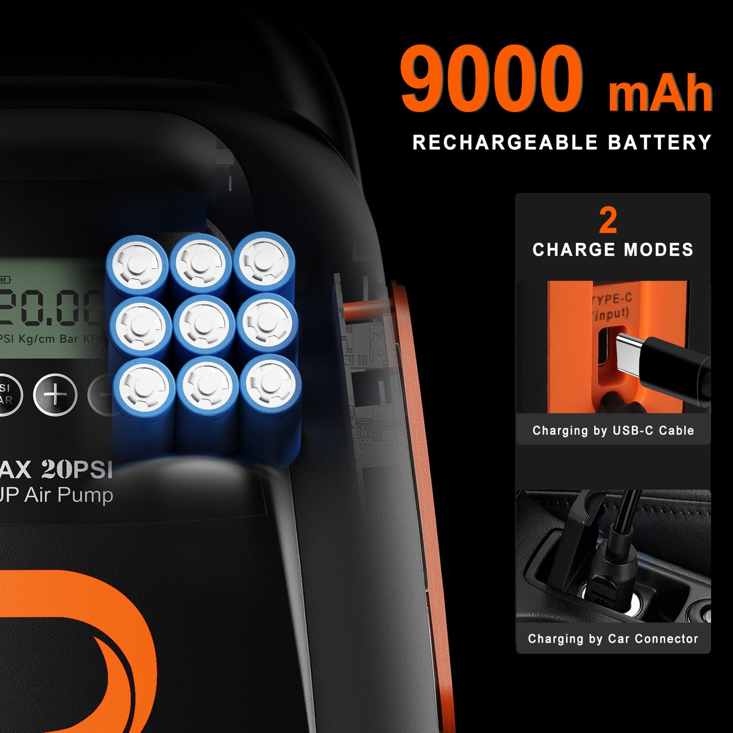 Dskeuzeew 20PSI Electric SUP Air Pump with 9000mAh Rechargeable Battery, Paddle Board Pump Intelligent Dual Stage Inflation, Auto-Off, Deflation, High Pressure Portable Air Pump for Inflatables