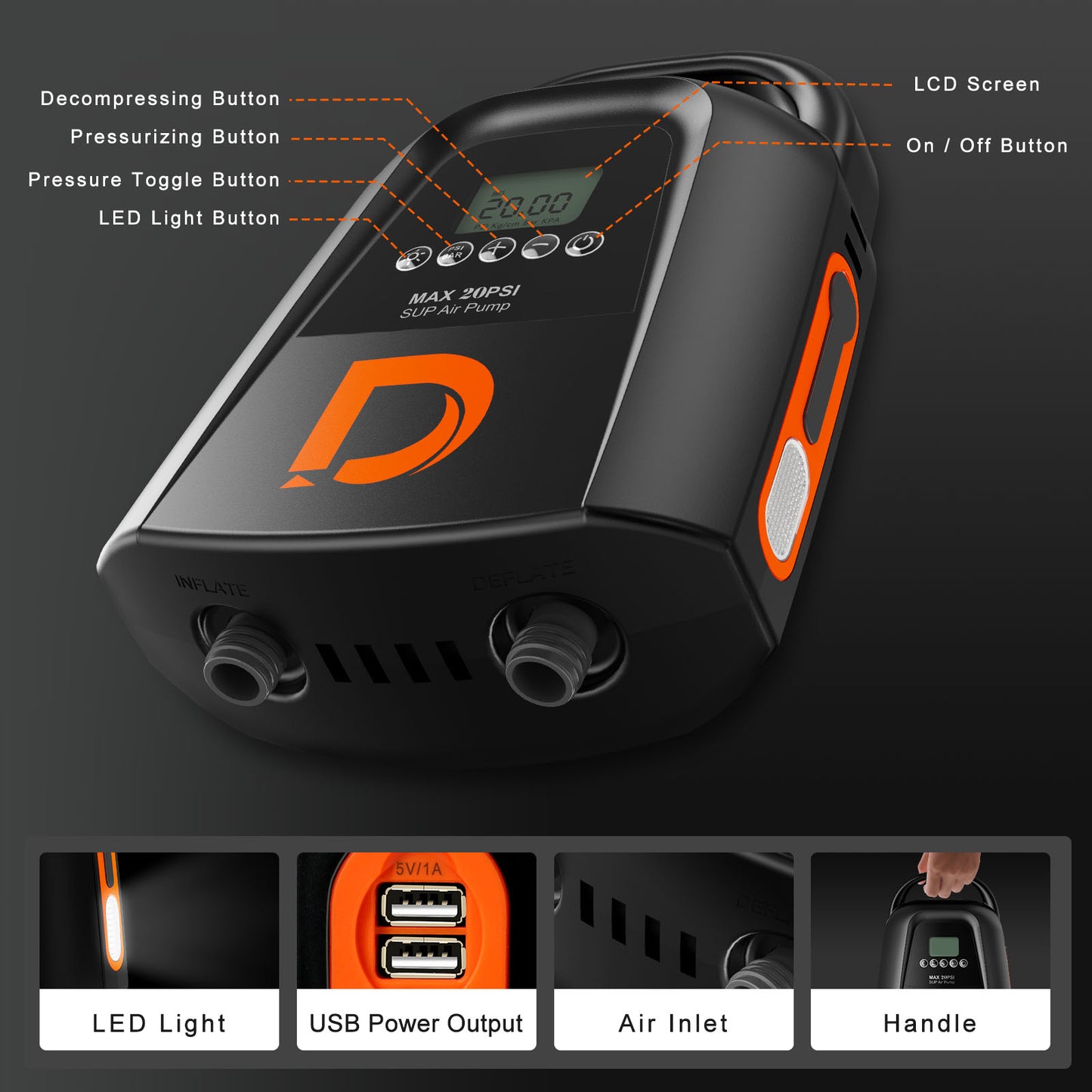Dskeuzeew 20PSI Electric SUP Air Pump with 9000mAh Rechargeable Battery, Paddle Board Pump Intelligent Dual Stage Inflation, Auto-Off, Deflation, High Pressure Portable Air Pump for Inflatables